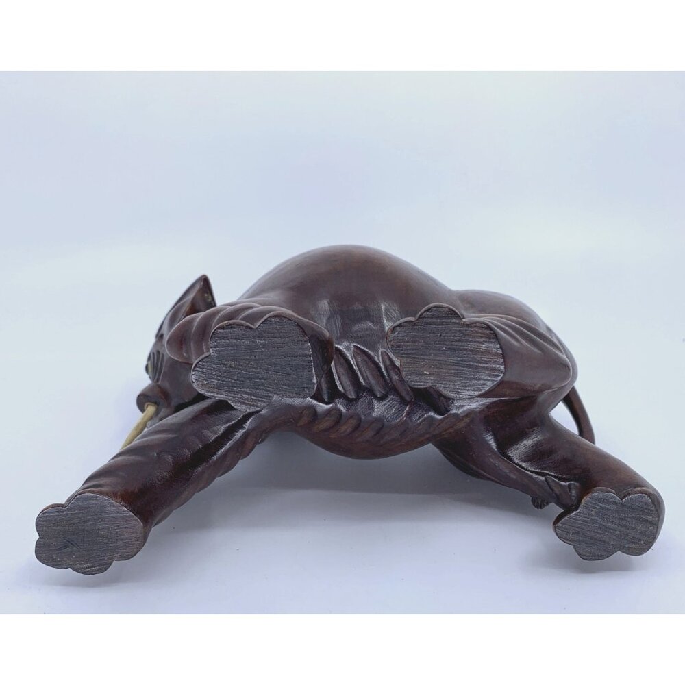Vintage Thai Hand Carved Teak Wood Elephant Statue w Carved Base 6.5" Hard Wood - Picture 12 of 15
